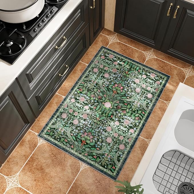 AMTOVO 2x3 Washable Entryway Area Rug Door Mat, Vintage Boho Floral Distressed Print Non-Slip Carpet, Small Throw Rug for Indoor Entrance Kitchen Bedroom Bathroom Laundry Floor, Dark Green