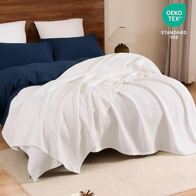 PHF 100% Cotton Waffle Muslin Blanket King Size, 104" x 90" Lightweight and Breathable Washed Cotton Blanket, Aesthetic Soft Muslin Waffle Bedding for Sofa Bed Home Decor, White