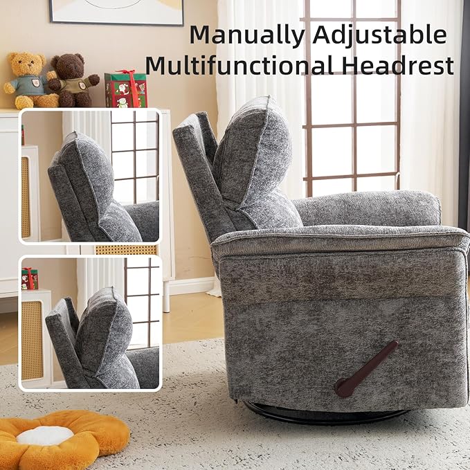 Oversized Glider Rocker Recliner, 26" Extra Wide 360° Swivel Nursery Recliner with Adjustable Headrest, Chenille Rocking Nursery Chair with Overstuffed Armrest, Lumbar Support, Dark Grey