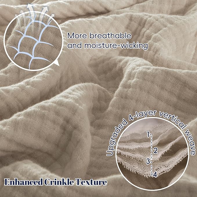 PHF 100% Cotton Muslin Throw XL Blanket Large 50" x 70", 4-Layer Lightweight Gauze Throw, Breathable Cloud-Soft Minimalist Blanket for Bed, Couch, Camping & Baby, Taupe, Ideal Gift
