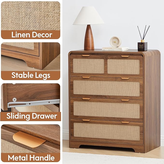 Mid Century Modern Dresser for Bedroom with 4 Drawers, 35" Tall Chest of Drawers with Natural Linen, Curved Wood Dresser Closet Clothes Storage Organizer for Living Room, Hallway((Walnut)