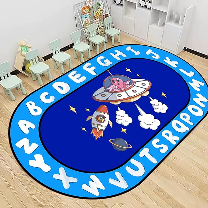ABC Rug for Kids 5x6ft - Space Adventure Educational Play Mat with Planets & Rockets, Non-Slip Washable Carpet, Oval Learning Rug for Playroom, Classroom, Nursery