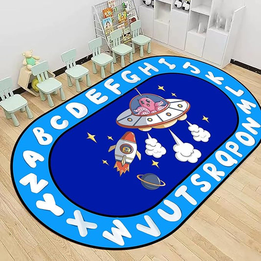 ABC Rug for Kids 6x9ft - Space Adventure Educational Play Mat with Planets & Rockets, Non-Slip Washable Carpet, Oval Learning Rug for Playroom, Classroom, Nursery