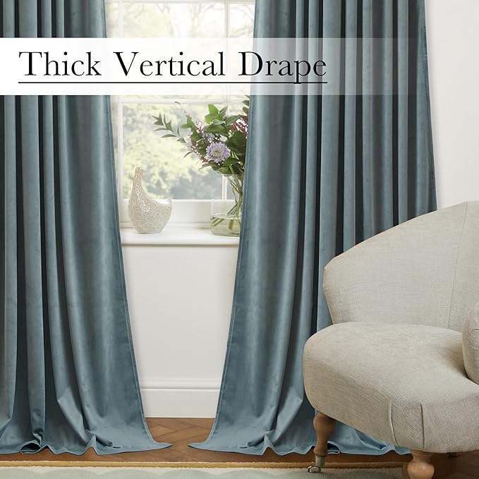 StangH 90 inches Velvet Curtains Stone Blue - Back Tab Light Blocking Super Soft Curtains for Kids/Nursery Light Blue Luxury Cozy Backdrops for Study Room/Office/Bedroom,W52 x L90