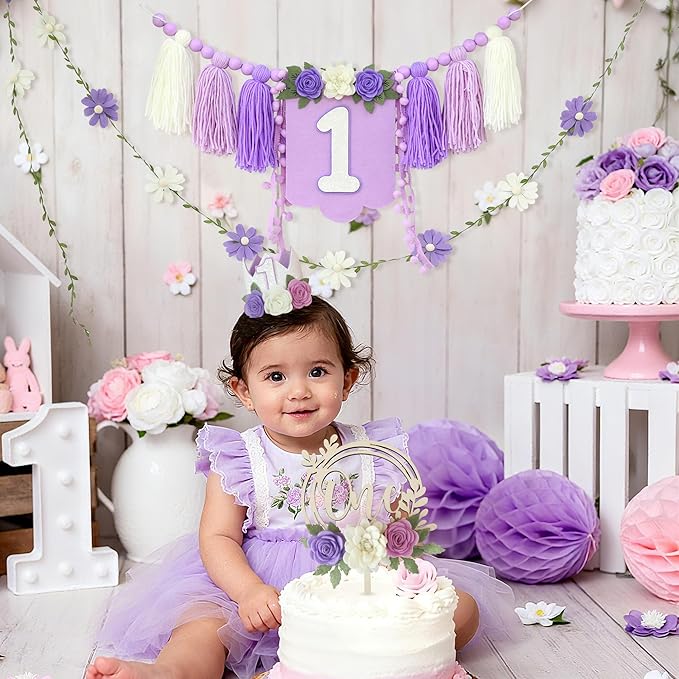 Wildflower 1st High Chair Banner Birthday Decorations For Girl One Flower Cake Topper Floral Hat Birthday Decoration Supplies