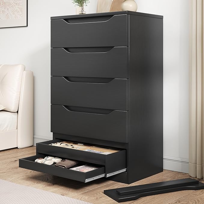 Black Tall 5 Drawer Dresser for Bedroom with Hidden Storage Design, Large Modern Closet Dressers & Chests of Drawers with Cut-Out Handles, 27.6" L*15.8" W*45.3" H for Bedroom, Living Room, Nursery