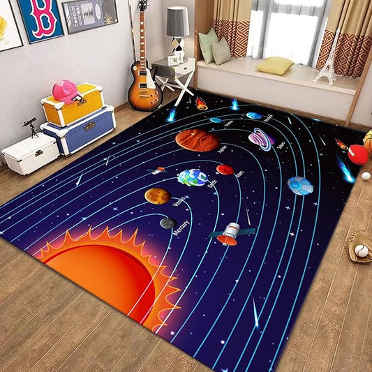 Cartoon Space Solar System Planet Area Rug,4x6ft,Outer Space Themed Rugs, Non-Slip Washable, Easy Care Rug, Suitable for Kids Playroom, Boys and Girls Room Decor