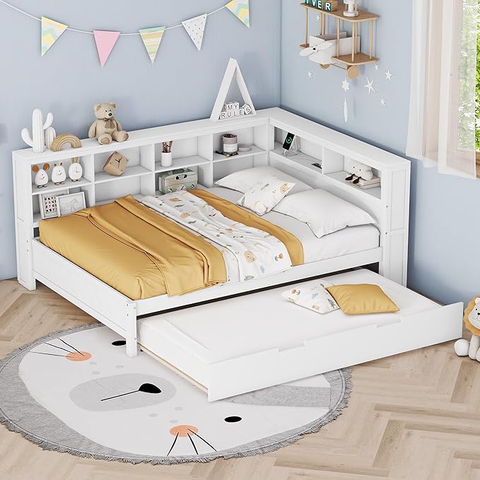 Harper & Bright Designs Full Size Daybed with Trundle and Charging Station, Wooden Full Storage Bed Frame with L-Shaped Bookcases, Full Platform Bed with Shelves for Kids Girls Boys, White