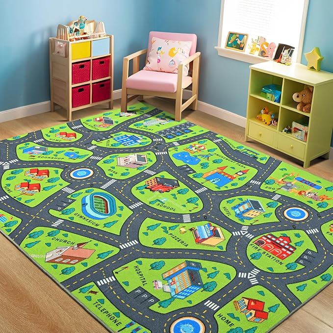 Merelax 3x5 Kids Car Area Rug, Green Grey Area Road Rugs for Living Room Playroom Classroom Bedroom, Non Slip Kids Play mat, Washable Rug, Educational City Traffic Map Fun Car Carpet for Ages 3-12