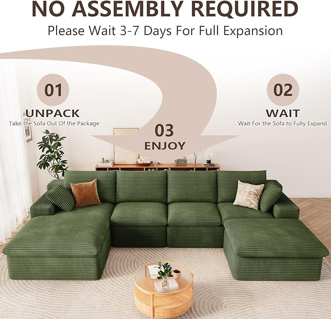 136" Cloud Modular Sectional Sofa with 1 Ottoman, Comfort U Shaped Sofa for Living Room, Deep Seat Boneless Couch, Modern Upholstered Corduroy Couches, No Assembly Required(Green,Left Facing Chaise)
