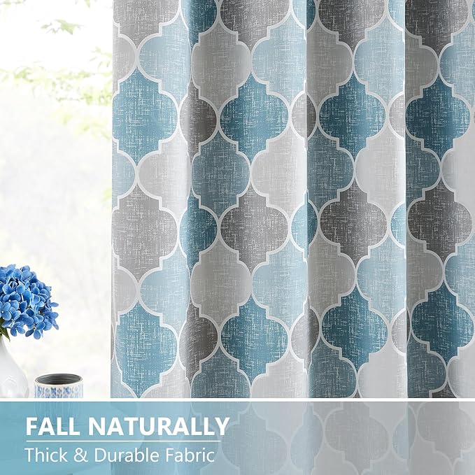 Moroccan 100% Blackout Curtains 63 Inches Long for Bedroom Gray Blue Geo Lattice Window Curtain Panels Thermal Insulated Noise Reducing Grommet Top Window Treatments Sets, 52" W, 2panels