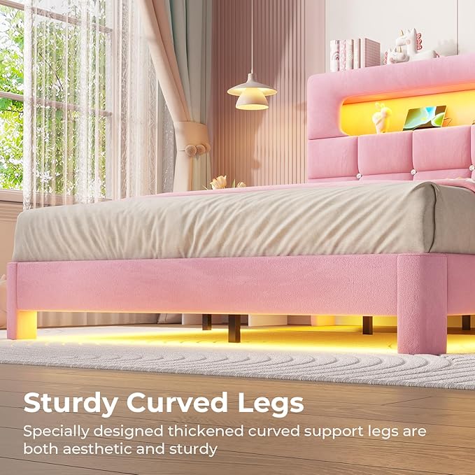MSmask Queen Upholstered LED Bed Frame with 2-Tier Storage Bookcase Headboard, Velvet Princess Bed with Crystal Button Tufted Headboard & Charging Station, Girls Platform Bed, Curved Legs, Pink