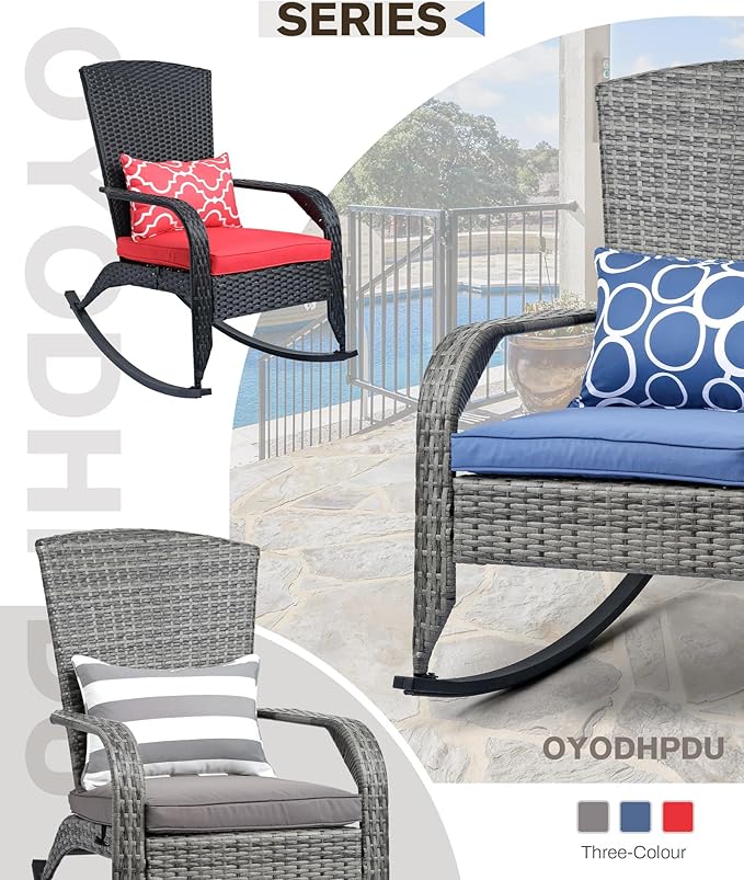 Outdoor Rocking Chair- Glider Rattan Rocker Chair with Heavy Duty Steel Frame- All Weather Outdoor Rocker Chair for Garden, Porch, Backyard, Poolside