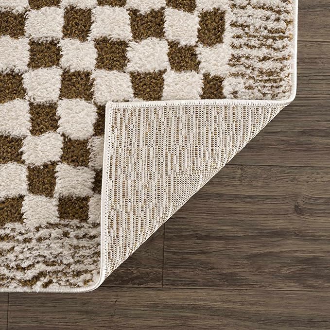Hauteloom Leryn Living Room, Bedroom Area Rug - Checkered - High Pile - Bone - 7'10" x 10'