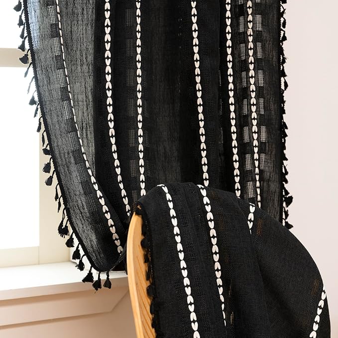 Deeprove Black Boho Curtain 84 inches Length for Living Room Bedroom Nursery, Bohemian 84 inches Long, Mid Century Western Embroidery Textured Halloween Privacy Window Trim Decor W52 x L84, 1 Panel