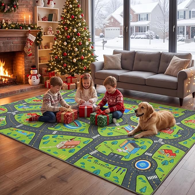 Merelax 7x10 Kids Car Area Rug, Green Grey Area Road Rugs for Living Room Playroom Classroom Bedroom, Non Slip Kids Play mat, Washable Rug, Educational City Traffic Map Fun Car Carpet for Ages 3-12