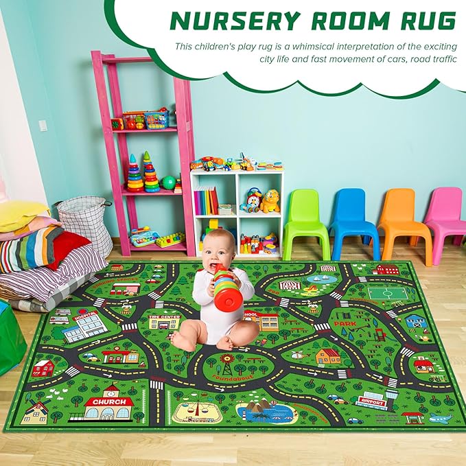 Tinideya Kids Carpet Playmat Rug Player Car Rug, 5 x 7 ft Traffic Map Mat Educational Game Area for Toddler Children Playroom Classroom Bedroom (City, Green)