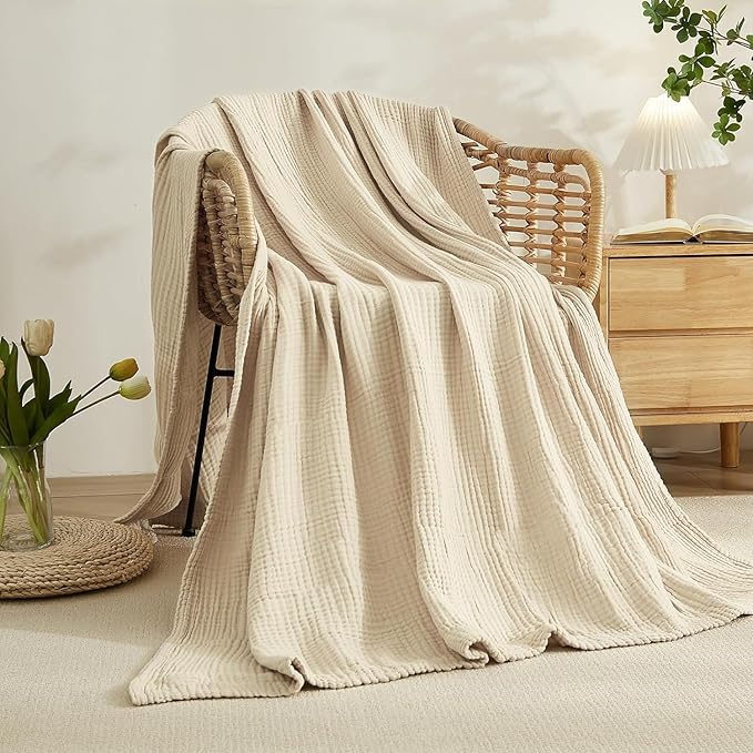 EMME Cotton Throw Blanket for Couch Soft Muslin Blankets 50"x60" Lightweight Breathable Blanket Light Tan All Season Gauze Blanket
