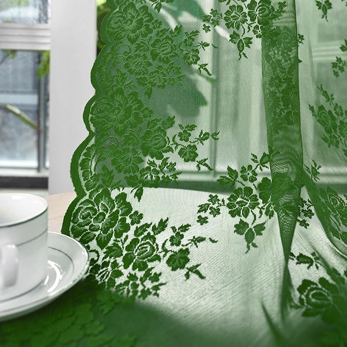 Kotile Emerald Green Sheer Curtains 96 Inches Long 2 Panels Country Rusitc Floral Hunter Green Vintage Lace Curtains for Living Room, Rod Pocket Privacy Forest Green Sheer Drapes, Each 52 x 96 Inch