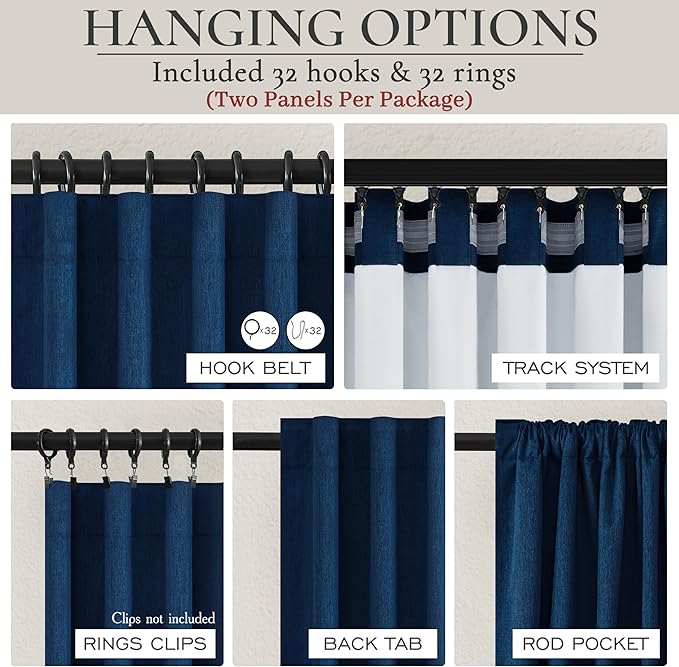 Navy Blue Blackout Curtains 102 Inch Length for Boys Rooms/Bedroom, Floor to Ceiling Track Pleated Drapes with Hooks Linen Thermal Coastal Curtain Dark Blue Window Burg 50"Wx102"Lx2Panels Back Tab