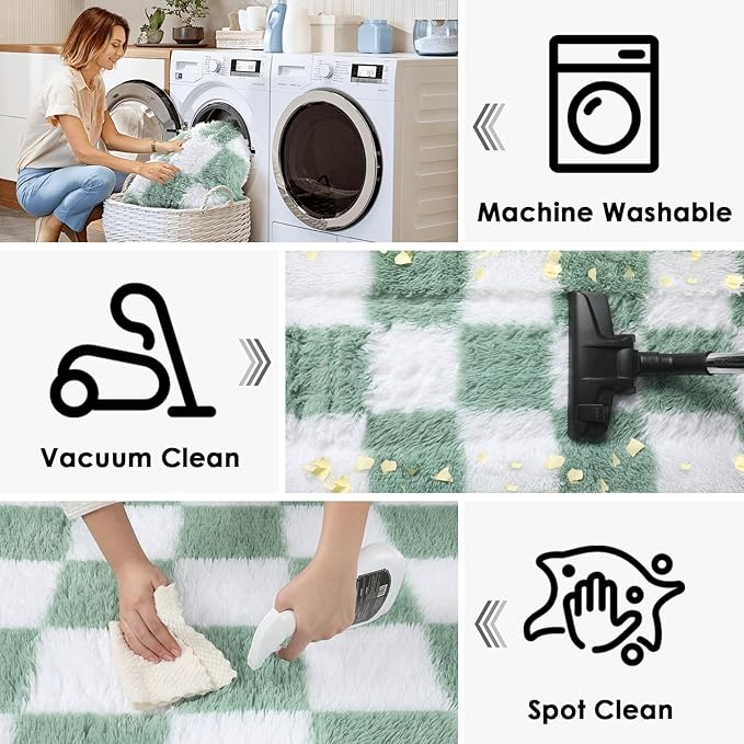 KICMOR Fluffy Sage Green and White Rugs Living Room Carpet, 5x7 Large Fuzzy Checkered Shag Area Rug for Bedroom Aesthetic, Furry Soft Plush Shaggy Rug for Nursery Kids Girls Boys Room Home Decor