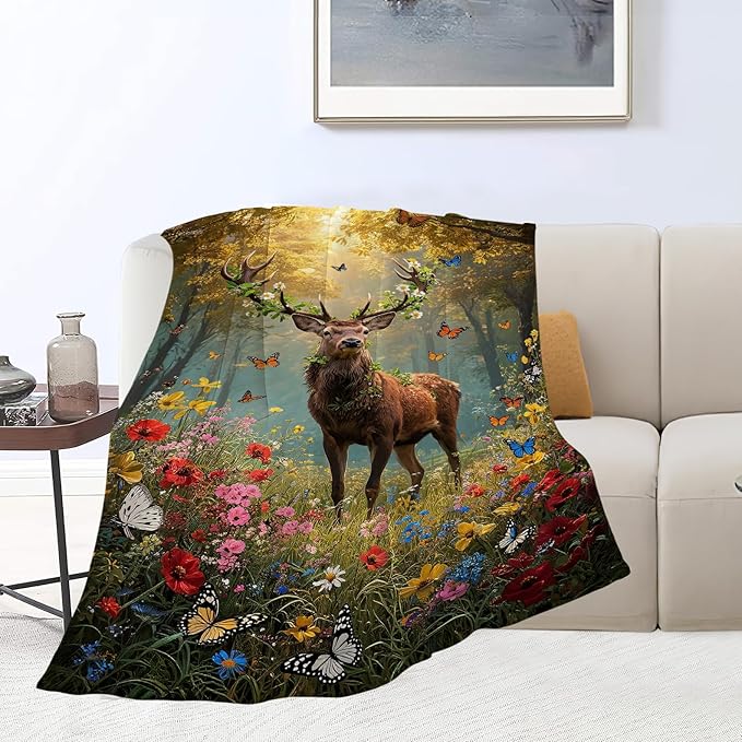 Forest Deer Blanket Hunting Elk Throw Blanket Wildlife Soft Cozy Fleece Fuzzy Stuffed Plush Flannel Gifts for Girls Women Boys Kids Adults 60"X80"