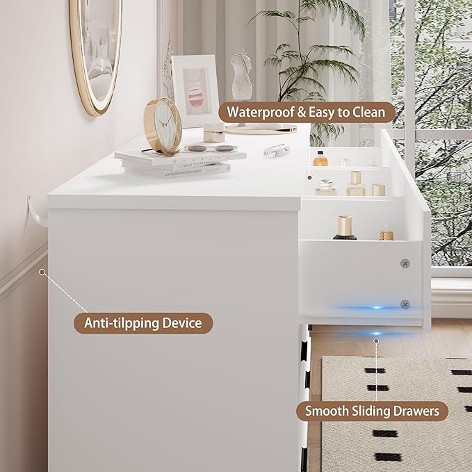 Dresser for Bedroom, 9 Drawer Wide Modern Chest of Drawers with X-Shaped Sturdy Base, Wood Double Dresser Closet Clothes Storage Organizer, Wooden TV Stand for Living Room, Hallway, White