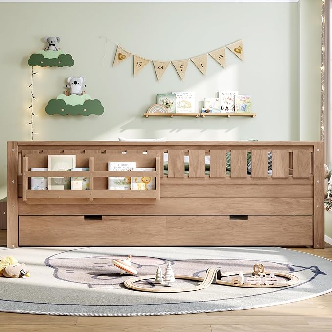 Bellemave Full Bed with Trundle and Stairs, Full Size Platform Bed Frame with Fence and Bookshelf, Easy Assemble Beds for Kids, Girls, Boys, Natural