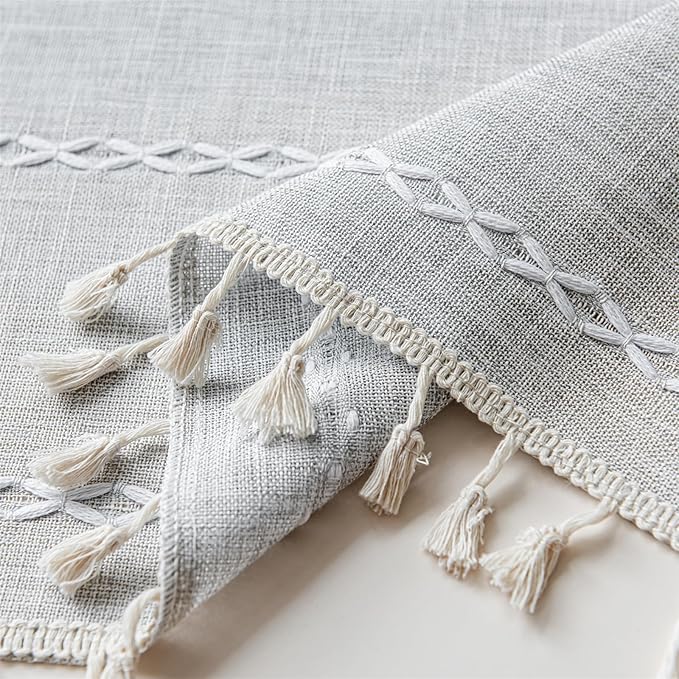 Deeprove Sheer Boho Curtains 63 inches Length for Cafe Closet Kitchen, Vintage Bohemian Embroidery Farmhouse Light Filter Privacy Country Tassel Window Treatments, W52 x L63,Silver Grey, 1 Panel