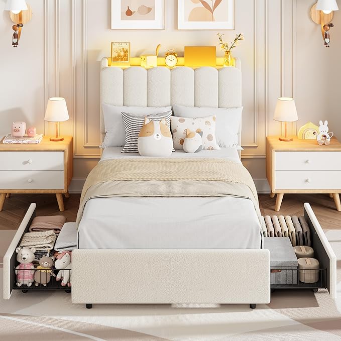 Garvee LED Twin Size Bed Frame with Storage Headboard, Kids Bed Frame with 2 Drawers, Boucle Upholstered Platform Bed for Girls, Chic Wavy Headboard with Bookcase, No Box Spring Needed, White