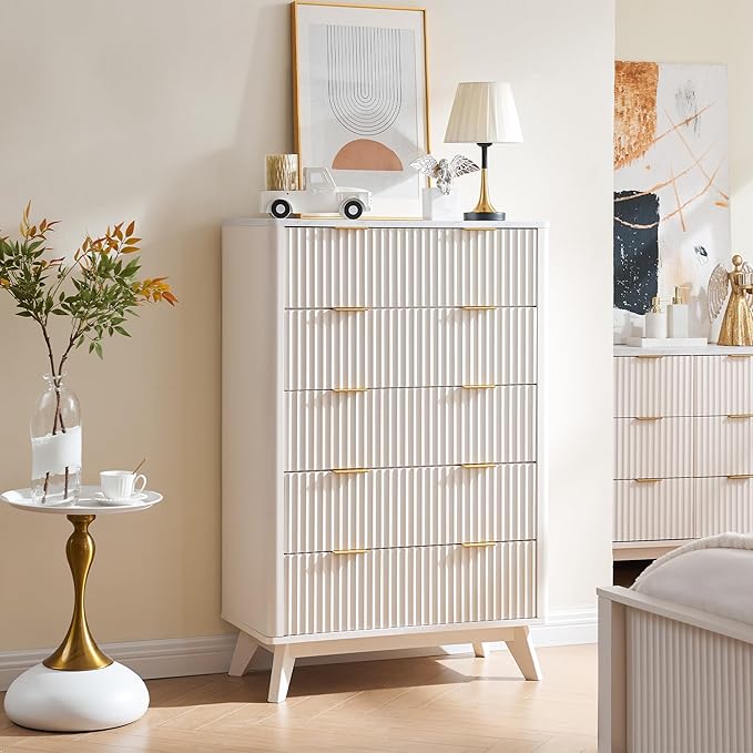 T4TREAM Fluted 5 Drawers Dresser, 48" Tall Modern Chest of Drawers with Faux Marble Top, Curved Profile Design, Wood Drawer Organizer for Bedroom, Living Room, Hallway, Entryway, Solid White