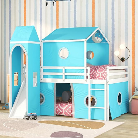 Playhouse Design Full Size Low Loft Bed with Slide & Tent and Tower, Solid Wood Tent Bed Frame for Kids Boys Girls, Versatile Spacious Under Bed Space with Curtains (Blue-TE)