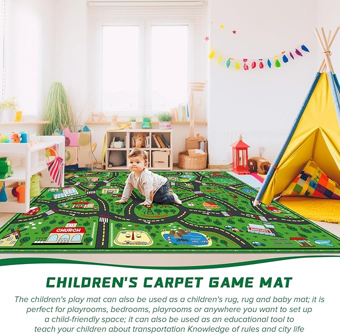 Tinideya Kids Carpet Playmat Rug Player Car Rug, 6 x 9 ft Traffic Map Mat Educational Game Area for Toddler Children Playroom Classroom Bedroom