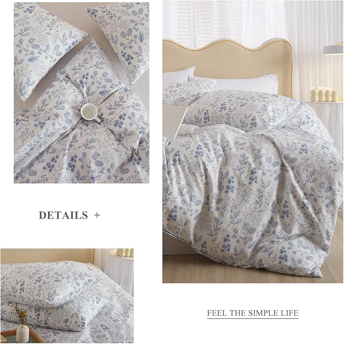 3 Pieces Duvet Cover Full Size Bedding White Duvet Cover with Blue Floral Print,Coquette Bedding Soft Cotton Comforter Cover Boho Style,Aesthetic Full Bedding Set with Zipper Closure 4 Ties,All Season