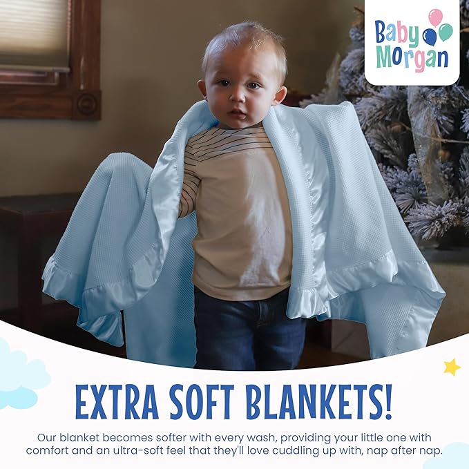 Blankets Thermal Waffle Baby Blanket Crib Bedding - Soft Cozy Warm Infant Thermal Cover for Nursery Stroller or Bassinet, Lightweight Ideal Shower Gift, Satin Trim Blue 36" x 50"