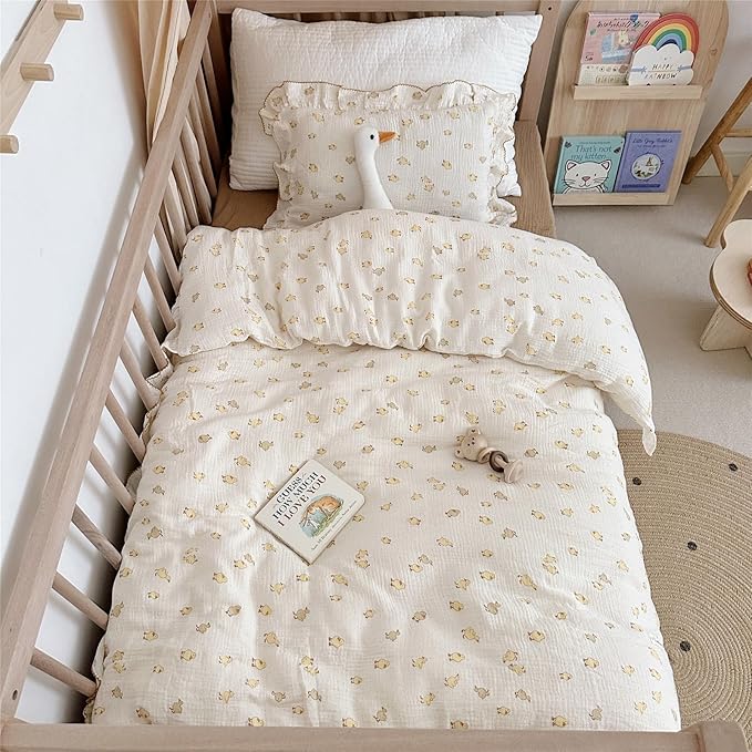 AOJIM Kids Muslin Cotton Duvet Cover with Little Yellow Duck, 1pc Super Soft Toddler Comforter Cover 2-layer Gauze, Ruffled Design Kids Duvet Protector for Girls Boys (59X79''), No Quilt or Pillowcase