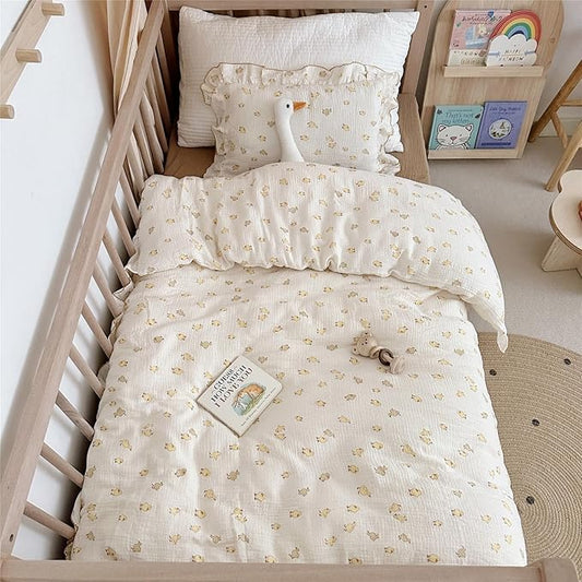 AOJIM Kids Muslin Cotton Duvet Cover with Little Yellow Duck, 1pc Super Soft Toddler Comforter Cover 2-layer Gauze, Ruffled Design Kids Duvet Protector for Girls Boys (59X79''), No Quilt or Pillowcase