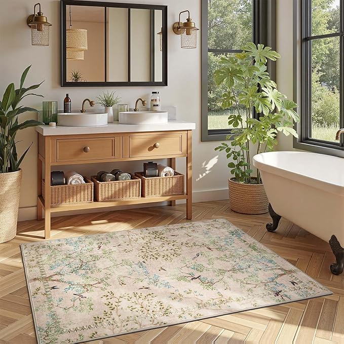 jinchan Yarden Botanical Birds 3x5 Beige Area Rugs for Entryway Washable Non Slip Soft Nature Plants Modern Kids Room Carpet Vintage Ultra Thin Low Pile Rug for Living Room Kitchen Bathroom Front Door