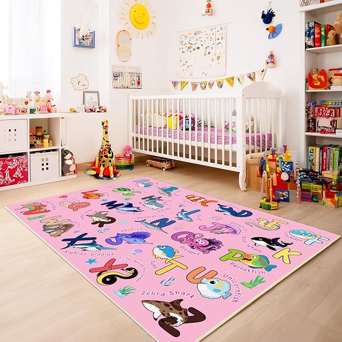 Kids Rug for Playroom, 5x7 Feet Educational Rug for Learn The ABC Alphabet, Soft Machine Washable Non-Slip Cute Marine Organisms Carpet for Classroom Toddler Nursery Kids Room Decor Mat, Pink