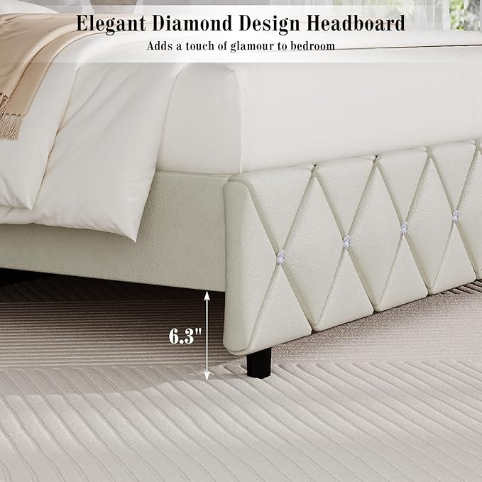 BarnFurin Full Bed Frame with Diamond Tufted Headboard, Faux Leather Upholstered Bed with Wooden Slats Support, No Box Spring Needed, Mattress Foundation, Easy Assembly, Cream