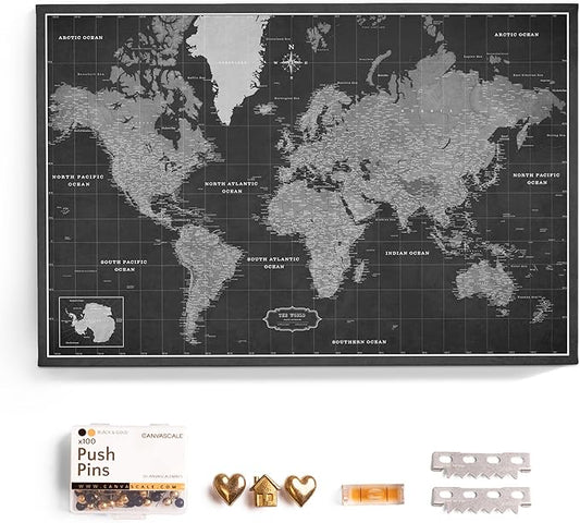 Canvas World Map with Cork Pin Board - English Lettering - Decorative Wall Decoration for All Rooms - Canvas Pictures with World Map Motif (90x60 cm, Pattern 7)