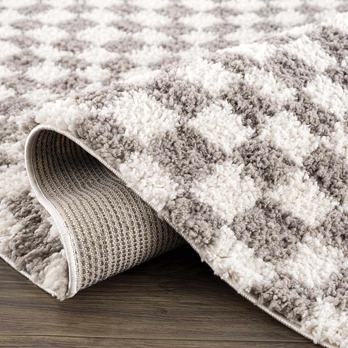 Hauteloom Kieu Contemporary Checkered Fluffy Shag Area Rug - Modern Geometric Soft Carpet Tiles for Living Room, Kids Room, Nursery - Gray, Light Grey, White - 6'7" x 9'