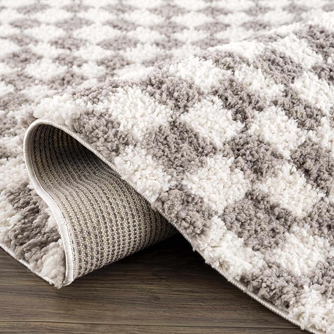 Hauteloom Kieu Contemporary Checkered Fluffy Shag Area Rug - Modern Geometric Soft Carpet Tiles for Living Room, Kids Room, Nursery - Gray, Light Grey, White - 7'10" x 10'