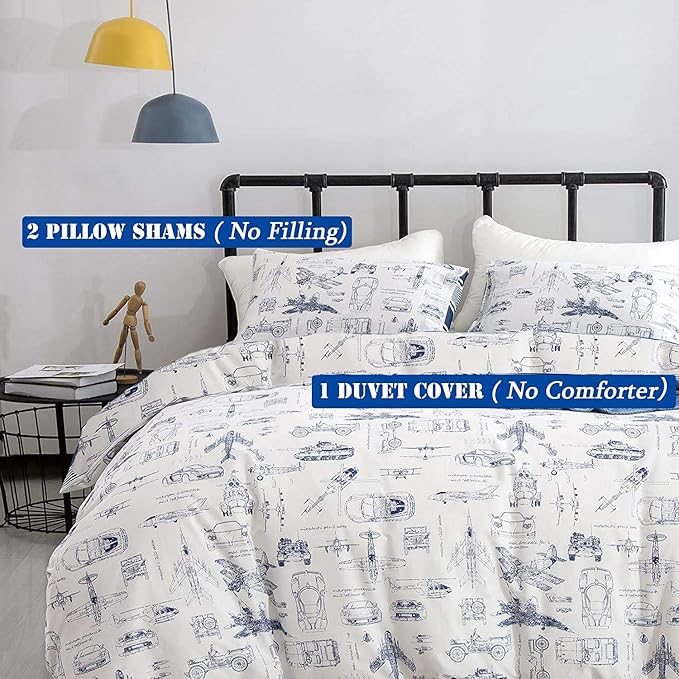 Jumeey Boys Duvet Cover Set Twin Cars Tank Helicopter Aircraft Military Transport Vehicles Painted Bedding Sets for Kids Children Reversible Airplanes Comforter Cover Teens Bed Set