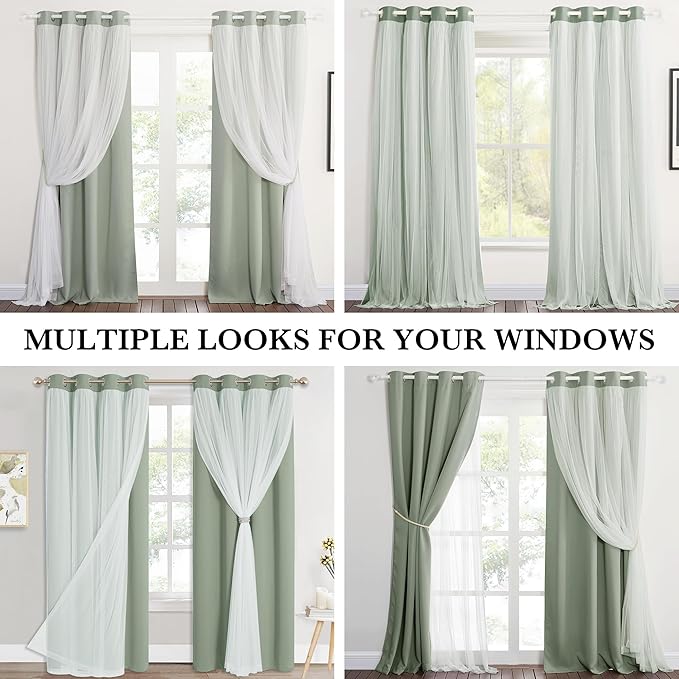 PONY DANCE Living Room Curtains 84 Inch Length - Sheer Overlay Blackout Curtains, 52 inches Wide, Window Treatment Panels, Cortinas De Sala Elegantes (Sage Green, Set of 2, with Extra Tie-Backs)