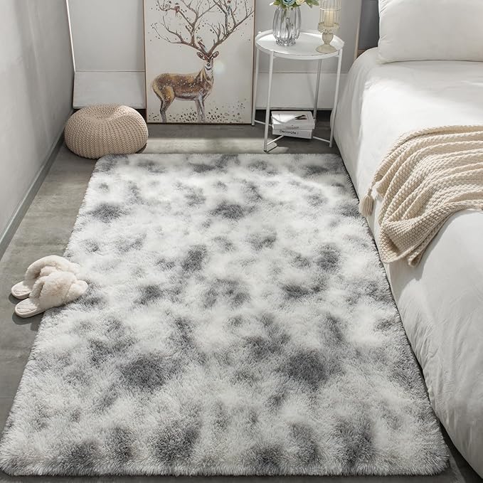 Merelax 4x6 Fluffy Soft Rugs for Bedroom Livingroom, Tie-Dyed White Grey Shaggy Area Rug, Abstract Bedside Rug Fuzzy Plush Carpet Comfy Nursery Rug for Kids Bedroom Dorm Indoor Home Decor Aesthetic