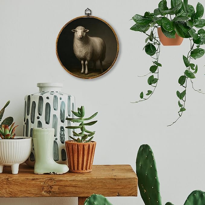 Hiuwevt Vintage Farmhouse Sheep Round Wall Art Decor, Rustic Country Sheep Framed Canvas Prints, Moody Classic Farm Animals Round Wall Hanging Decor for Home Living Room Decorations, 10x10 Inches