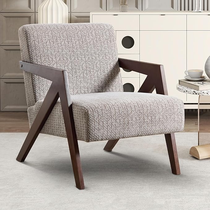 INZOY Mid Century Modern Accent Chair with Wood Frame, Upholstered Reading Armchair with Soft Linen Fabric, Accent Chair for Living Room Bedroom Apartment, Easy Assembly, Light Brown