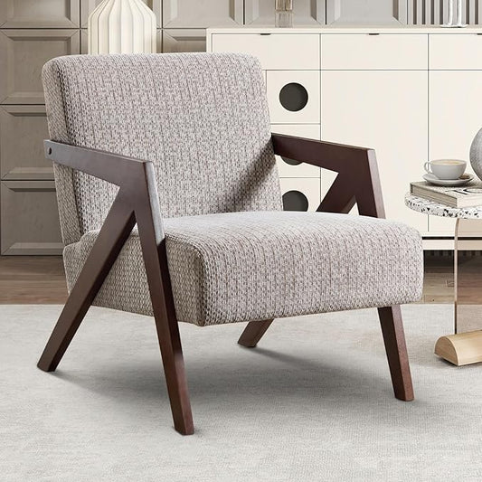 INZOY Mid Century Modern Accent Chair with Wood Frame, Upholstered Reading Armchair with Soft Linen Fabric, Accent Chair for Living Room Bedroom Apartment, Easy Assembly, Light Brown