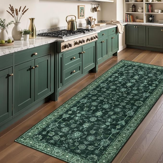 Tangsoo Green 2x6 Runner Rug Non Slip Washable for Kitchen Bathroom, Vintage Floral Boho Rug Runner for Hallway Entryway, Low Pile Carpet Door Mat Indoor Entrance for Bedroom Laundry Pet&Kids Friendly